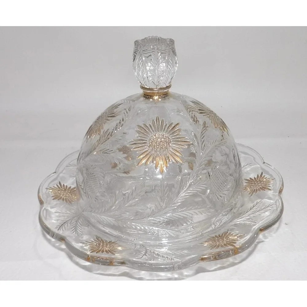 Vintage EAPG Glass Thistle Flowers with Gold Gild Domed Butter Cheese Dish